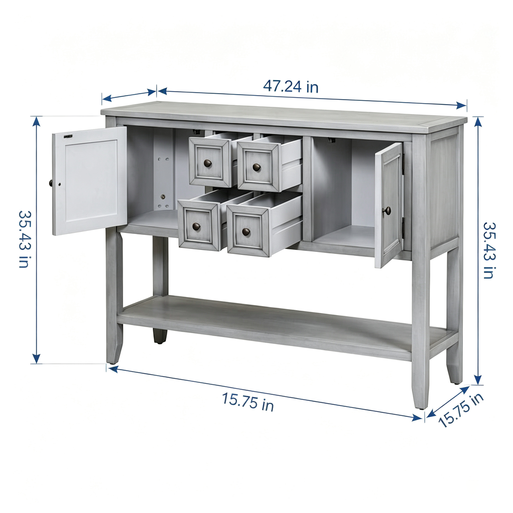 Console vintage de rangement avec quatre petits tiroirs et une étagère inférieure pour salons, entrées et cuisines