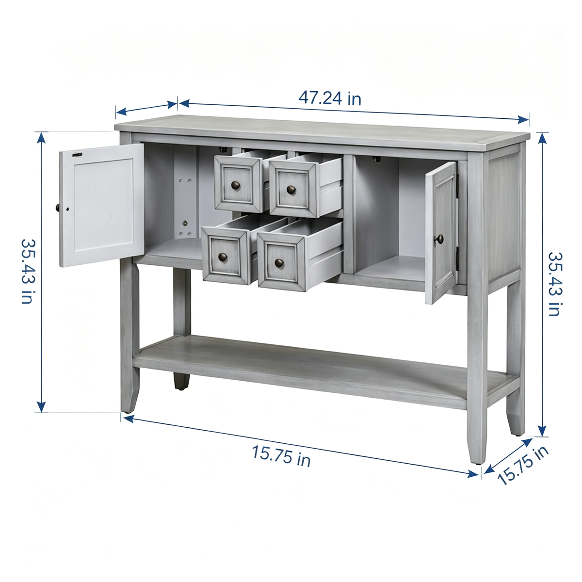 Console vintage de rangement avec quatre petits tiroirs et une étagère inférieure pour salons, entrées et cuisines