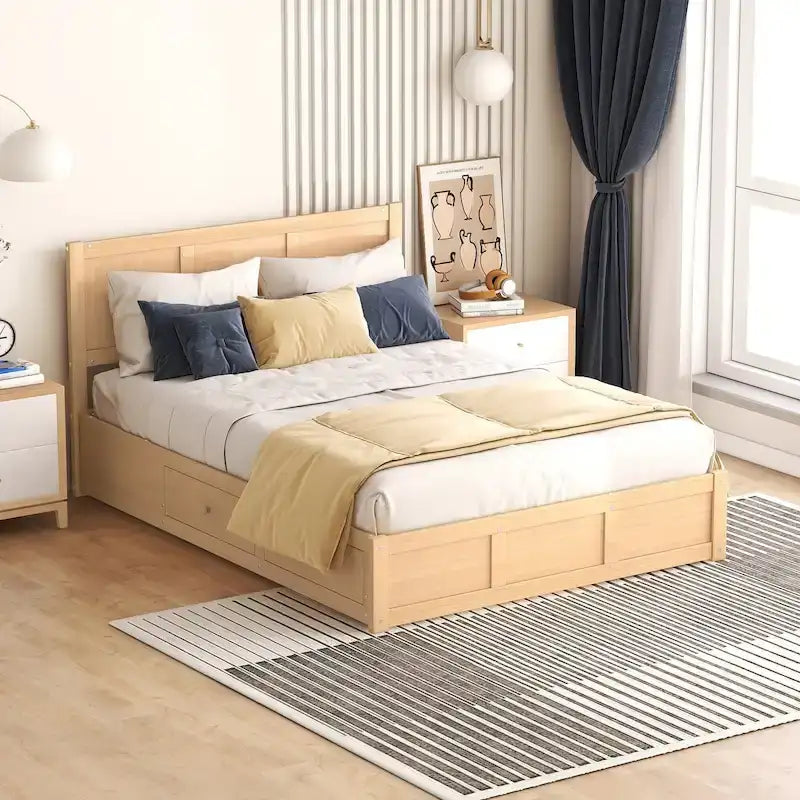 Lit plateforme en bois tout-en-un grand format avec rangement sous le lit Lit tapissé et 2 tiroirs Cadre de lit créatif pour un gain de place