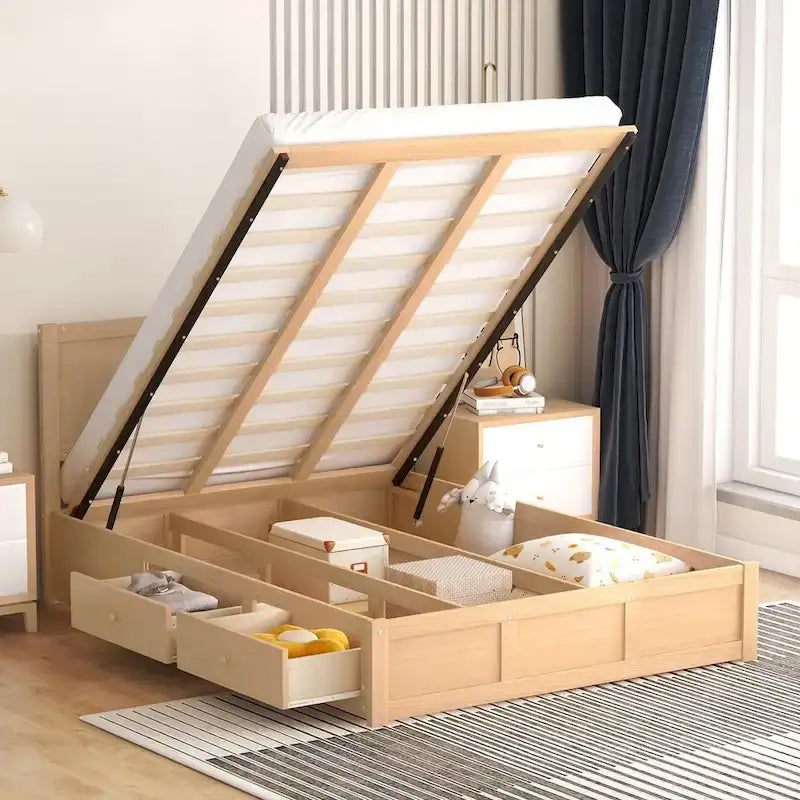 Lit plateforme en bois tout-en-un grand format avec rangement sous le lit Lit tapissé et 2 tiroirs Cadre de lit créatif pour un gain de place