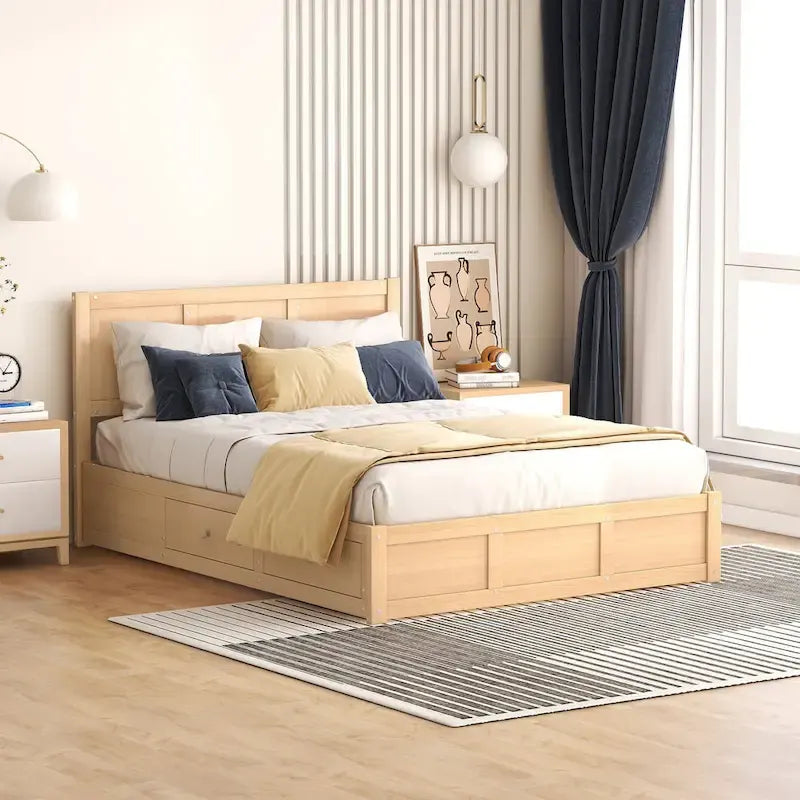 Lit plateforme en bois tout-en-un grand format avec rangement sous le lit Lit tapissé et 2 tiroirs Cadre de lit créatif pour un gain de place