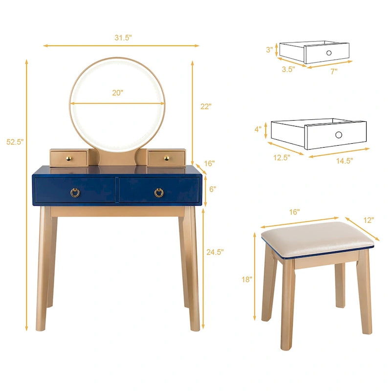 Coiffeuse avec miroir tactile, 3 modes d'éclairage