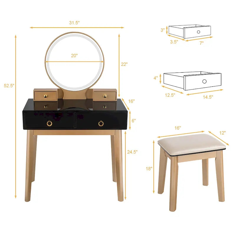 Coiffeuse avec miroir tactile, 3 modes d'éclairage