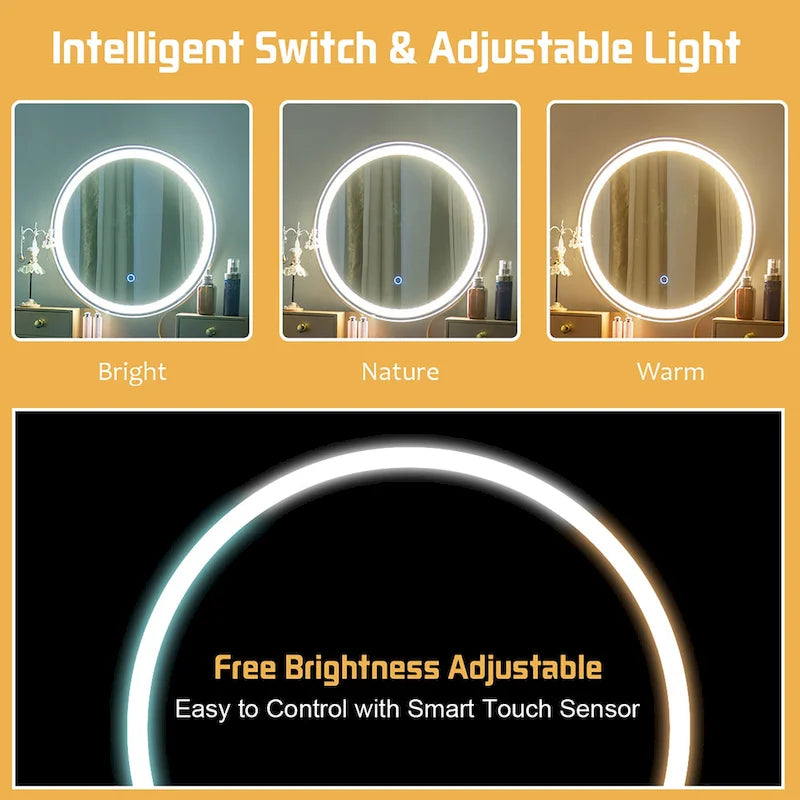 Coiffeuse avec miroir tactile, 3 modes d'éclairage