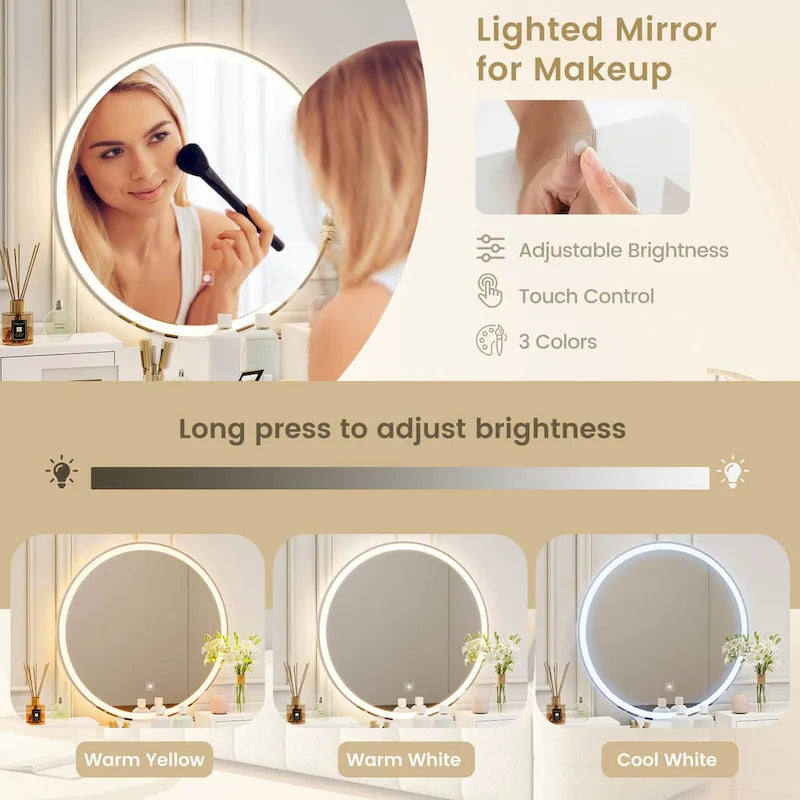 Coiffeuse avec miroir tactile, 3 modes d'éclairage
