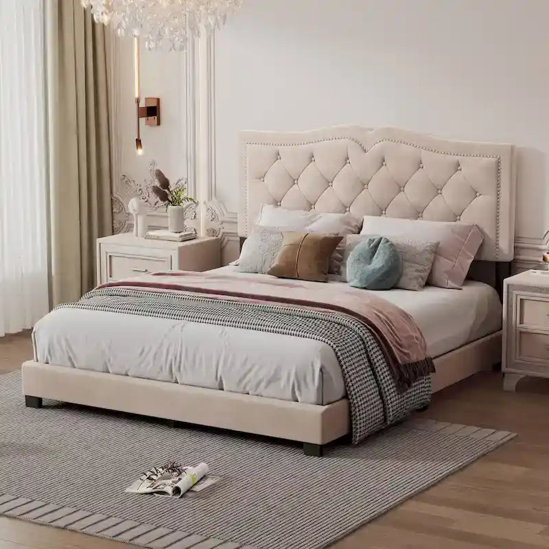 Cadre de lit rembourré Queen Size avec design riveté, lit plateforme moderne en velours avec tête de lit capitonnée, gris