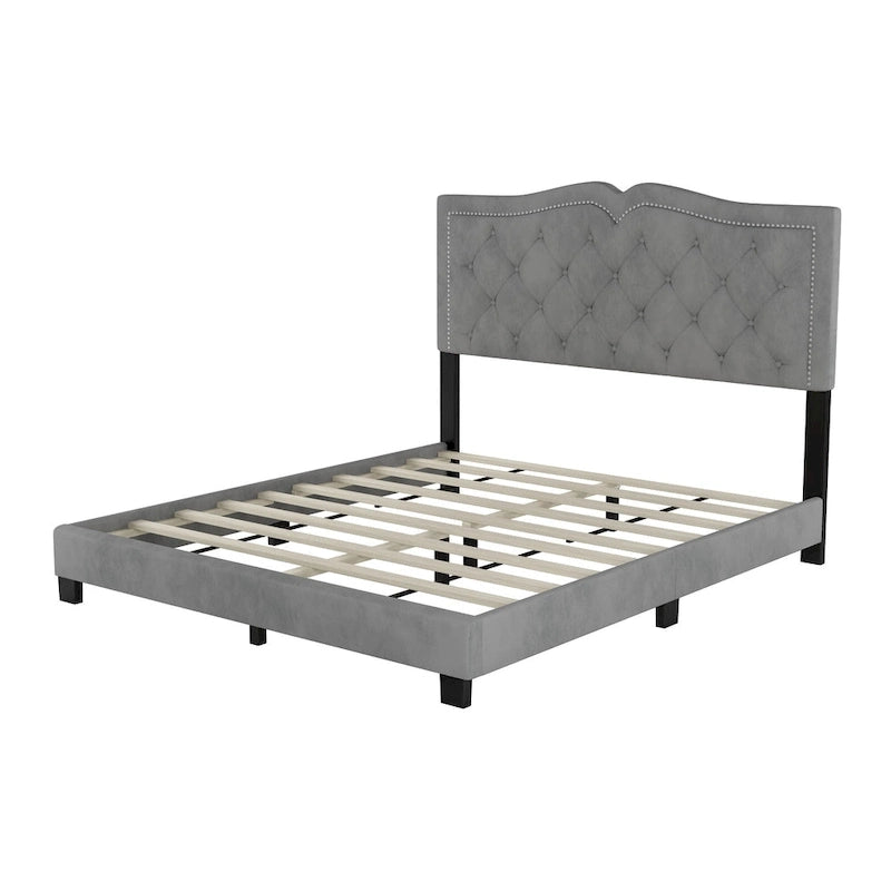 Cadre de lit rembourré Queen Size avec design riveté, lit plateforme moderne en velours avec tête de lit capitonnée, gris