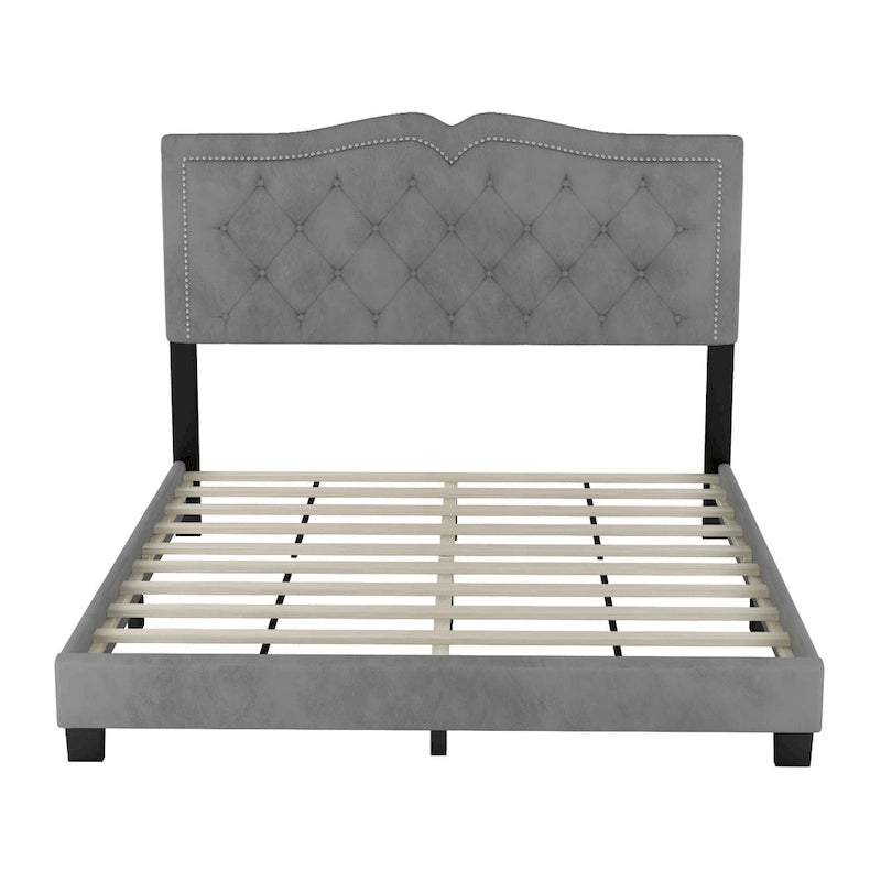 Cadre de lit rembourré Queen Size avec design riveté, lit plateforme moderne en velours avec tête de lit capitonnée, gris