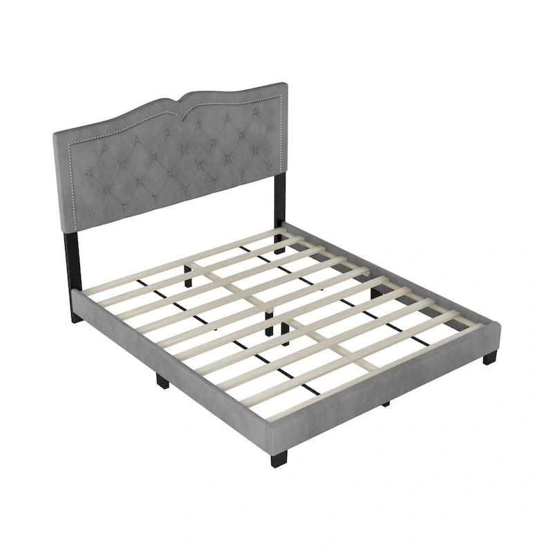 Cadre de lit rembourré Queen Size avec design riveté, lit plateforme moderne en velours avec tête de lit capitonnée, gris