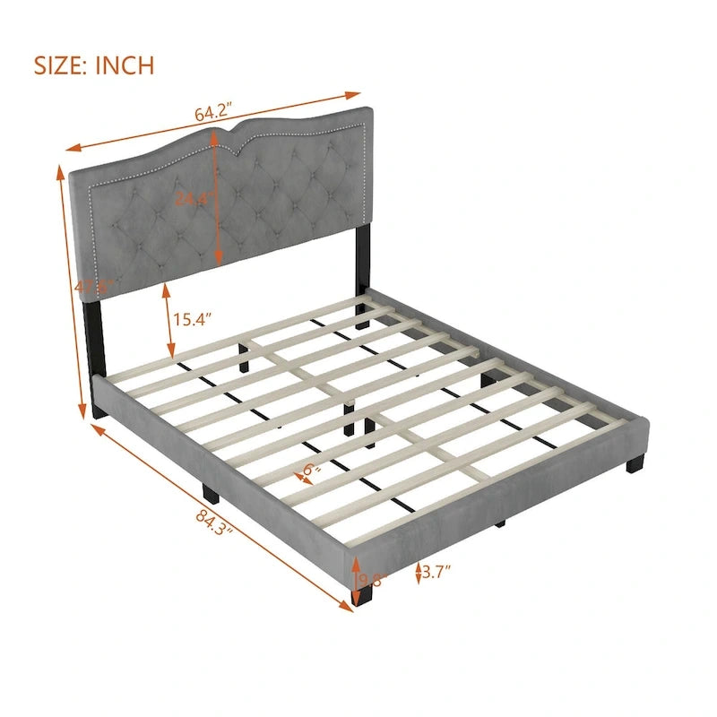 Cadre de lit rembourré Queen Size avec design riveté, lit plateforme moderne en velours avec tête de lit capitonnée, gris