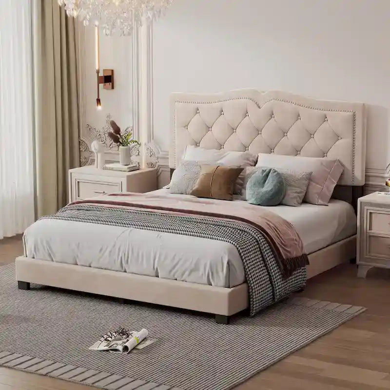 Cadre de lit rembourré Queen Size avec design riveté, lit plateforme moderne en velours avec tête de lit capitonnée, gris