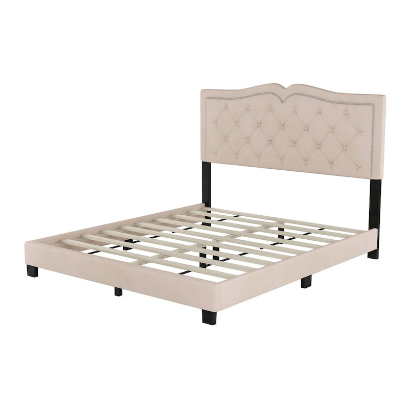 Cadre de lit rembourré Queen Size avec design riveté, lit plateforme moderne en velours avec tête de lit capitonnée, gris