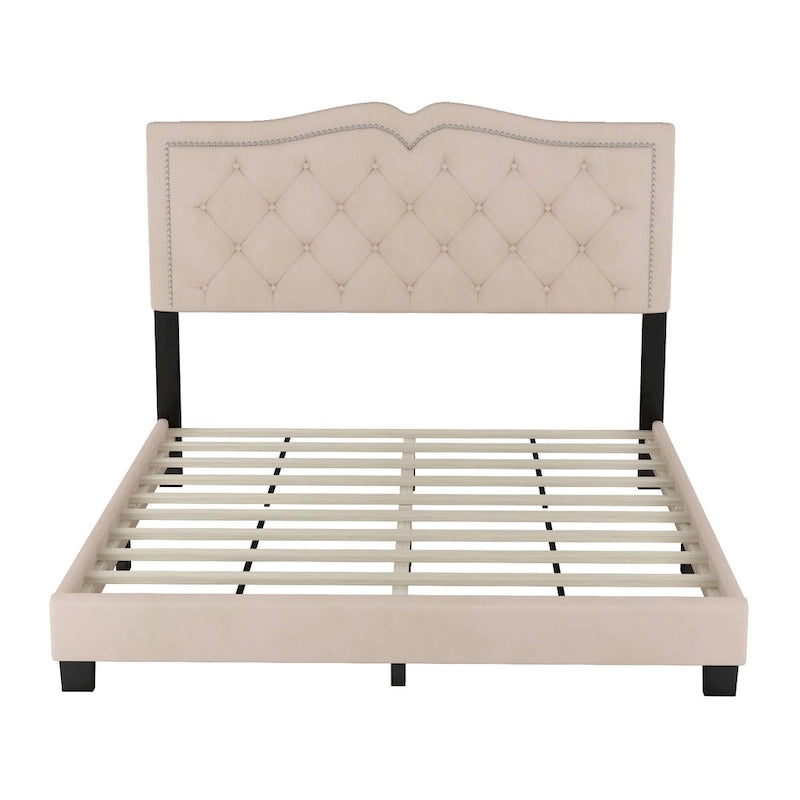 Cadre de lit rembourré Queen Size avec design riveté, lit plateforme moderne en velours avec tête de lit capitonnée, gris