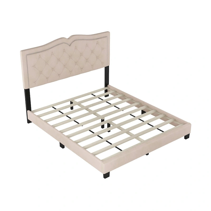 Cadre de lit rembourré Queen Size avec design riveté, lit plateforme moderne en velours avec tête de lit capitonnée, gris