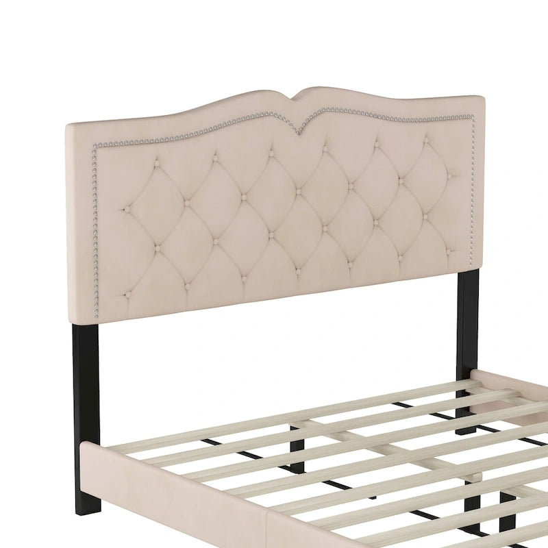 Cadre de lit rembourré Queen Size avec design riveté, lit plateforme moderne en velours avec tête de lit capitonnée, gris
