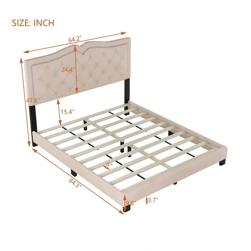 Cadre de lit rembourré Queen Size avec design riveté, lit plateforme moderne en velours avec tête de lit capitonnée, gris