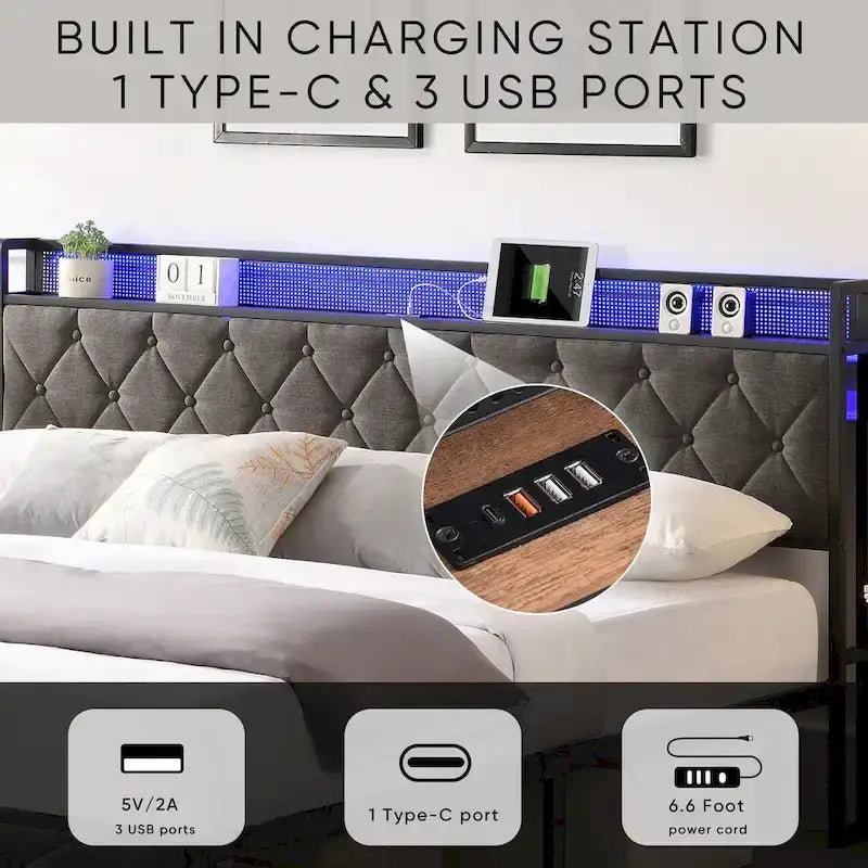 Lit plateforme King rembourré gris avec tête de lit de rangement, station de recharge et lumières LED