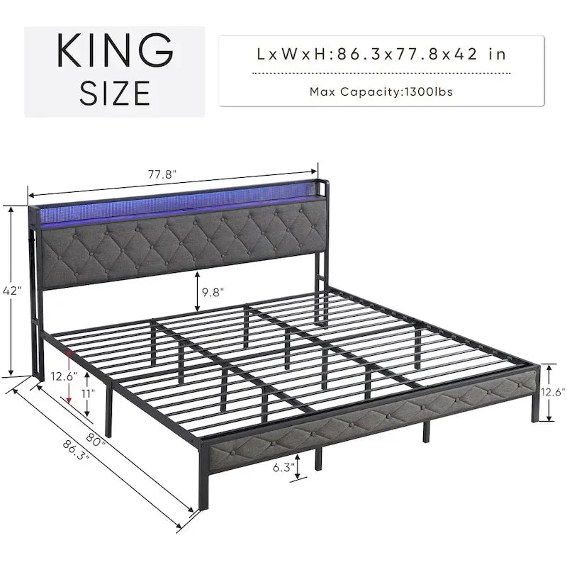 Lit plateforme King rembourré gris avec tête de lit de rangement, station de recharge et lumières LED