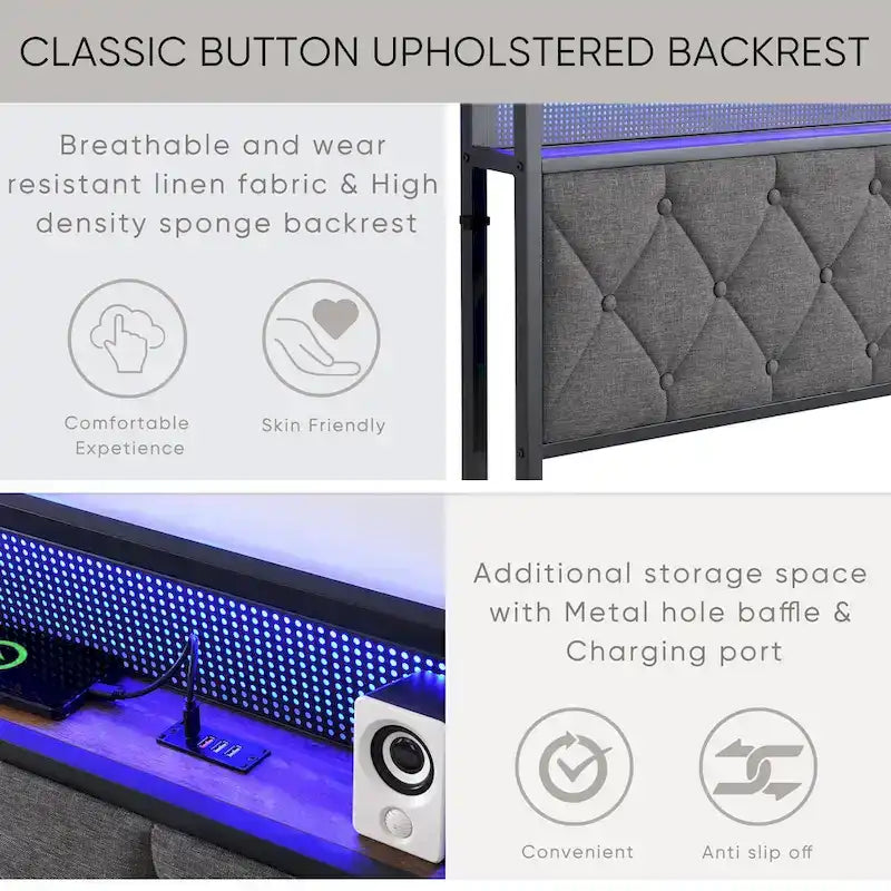 Lit plateforme King rembourré gris avec tête de lit de rangement, station de recharge et lumières LED
