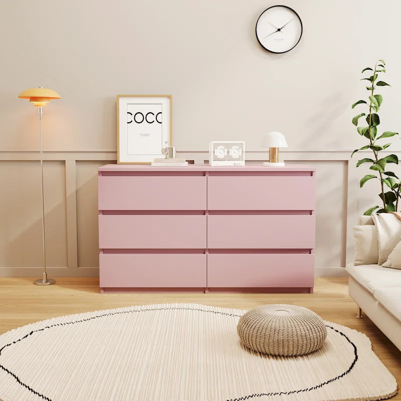 Commode double à 6 tiroirs, meuble de rangement sans poignées pour chambre à coucher, salon