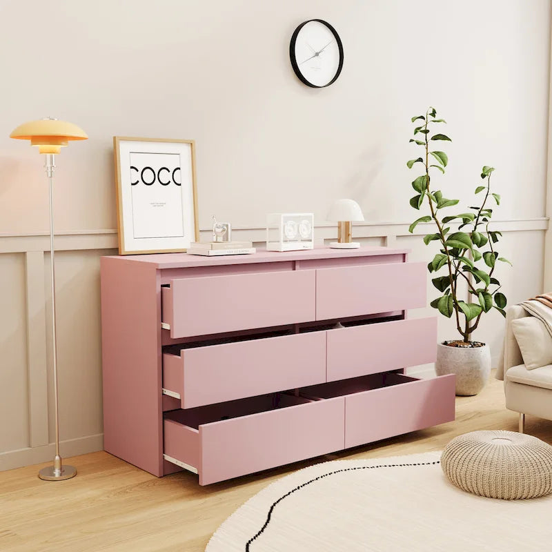 Commode double à 6 tiroirs, meuble de rangement sans poignées pour chambre à coucher, salon