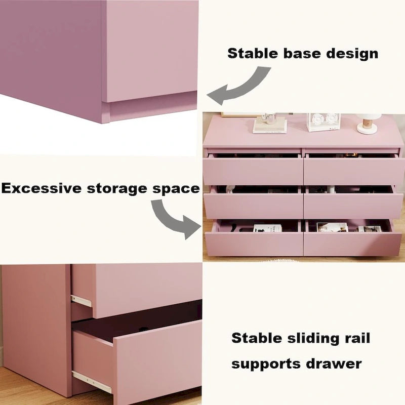 Commode double à 6 tiroirs, meuble de rangement sans poignées pour chambre à coucher, salon
