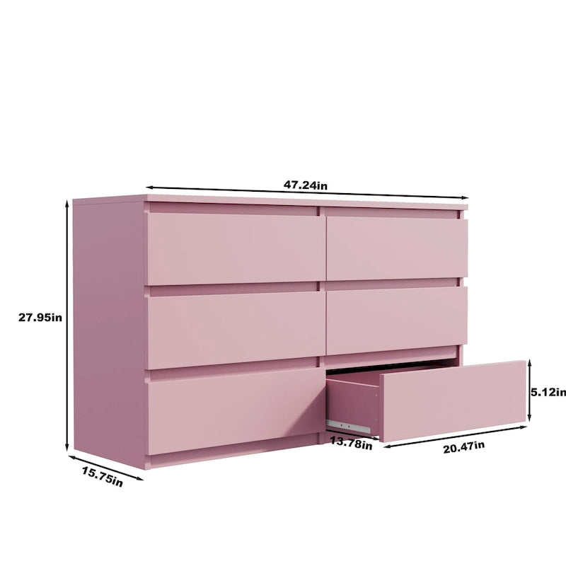 Commode double à 6 tiroirs, meuble de rangement sans poignées pour chambre à coucher, salon