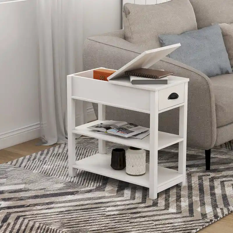Table d'appoint étroite avec tiroirs et rangement à couvercle à charnière
