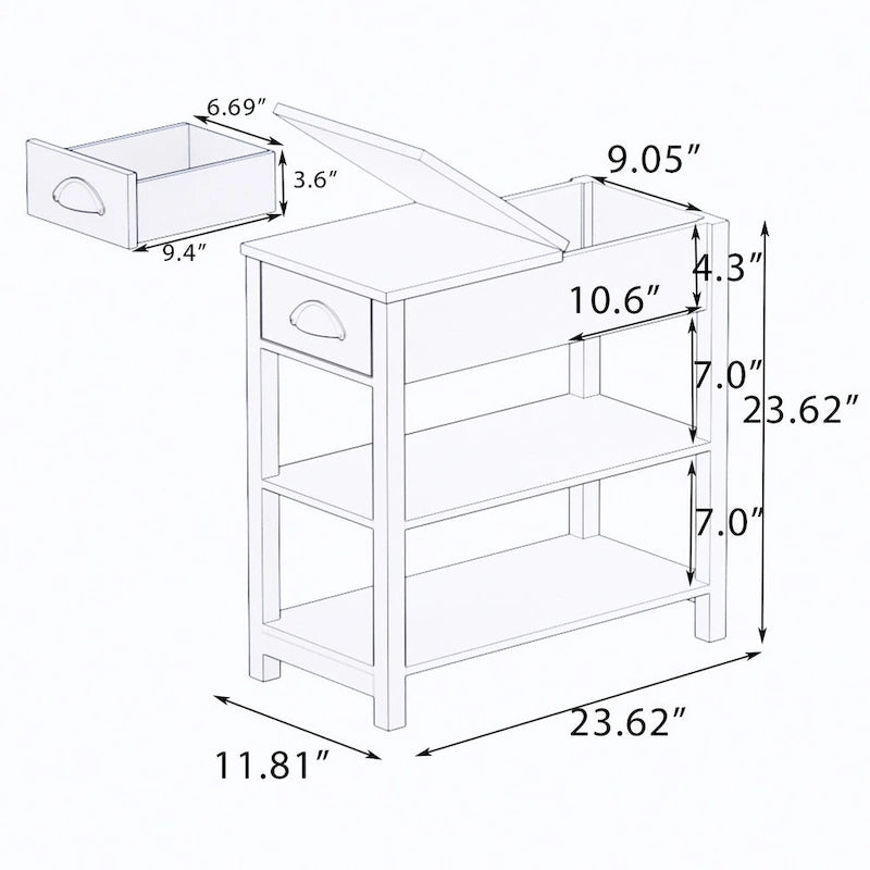 Table d'appoint étroite avec tiroirs et rangement à couvercle à charnière