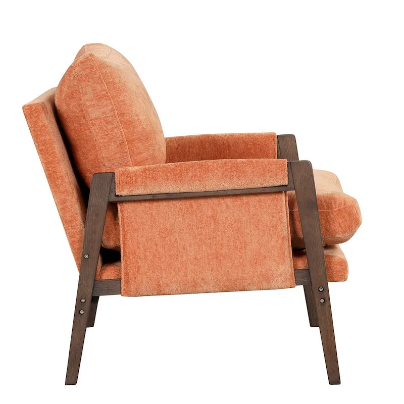Fauteuil d'appoint en velours et bois massif de style Mid-Century avec coussin d'assise épais