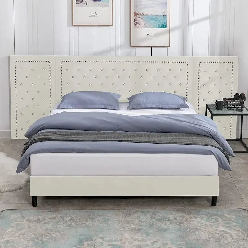 Cadre de lit plateforme haut capitonné en velours avec tête de lit, mobilier de chambre