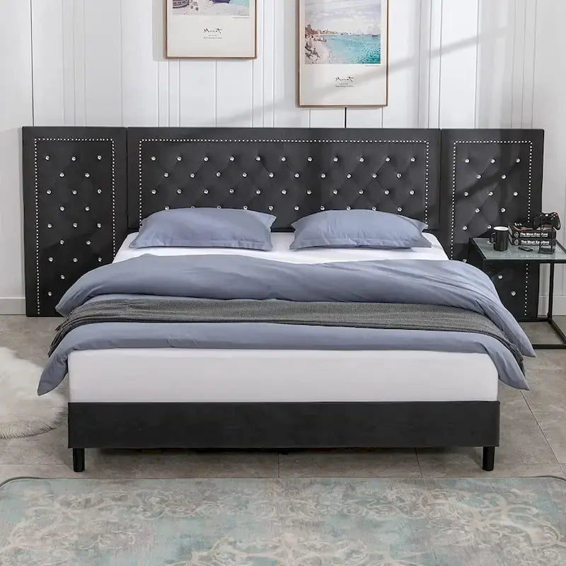 Cadre de lit plateforme haut capitonné en velours avec tête de lit, mobilier de chambre