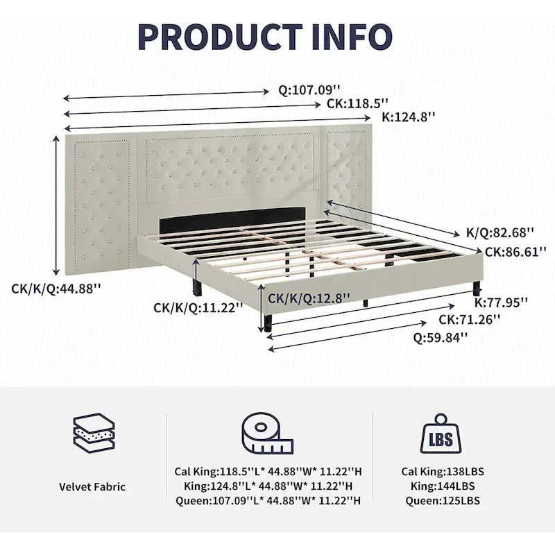Cadre de lit plateforme haut capitonné en velours avec tête de lit, mobilier de chambre