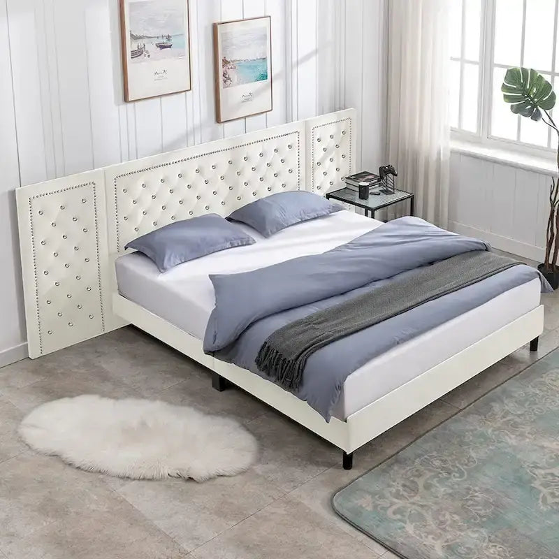 Cadre de lit plateforme haut capitonné en velours avec tête de lit, mobilier de chambre