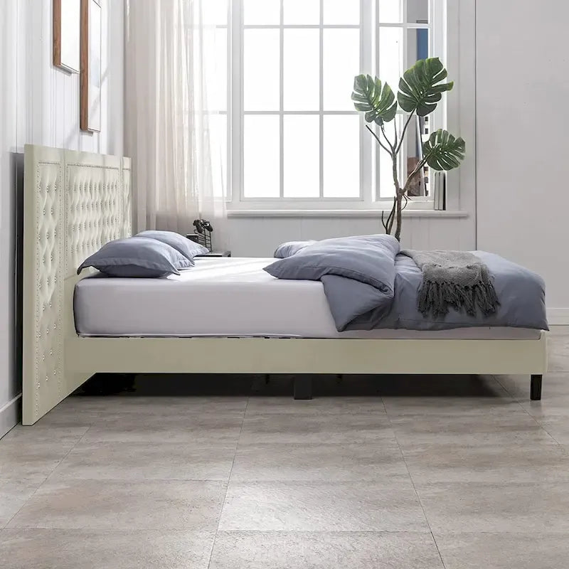 Cadre de lit plateforme haut capitonné en velours avec tête de lit, mobilier de chambre