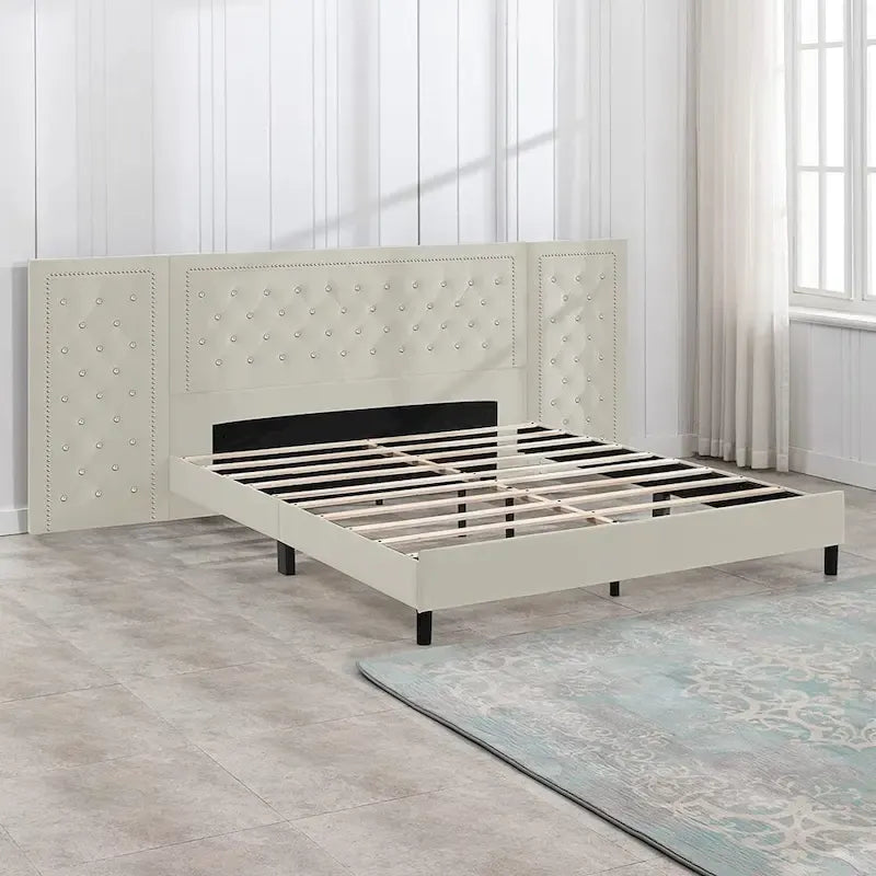 Cadre de lit plateforme haut capitonné en velours avec tête de lit, mobilier de chambre
