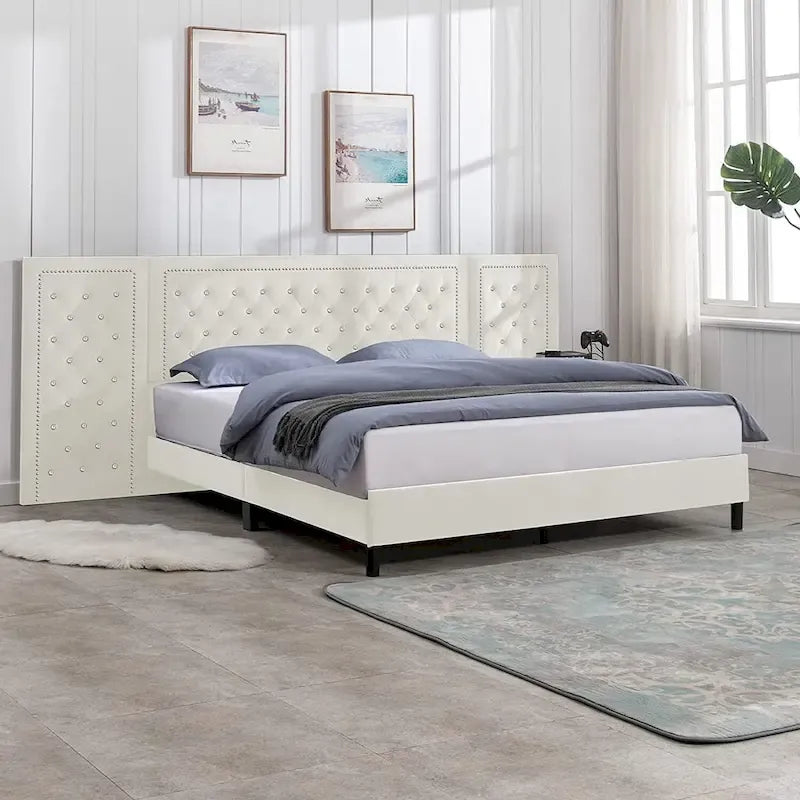Cadre de lit plateforme haut capitonné en velours avec tête de lit, mobilier de chambre