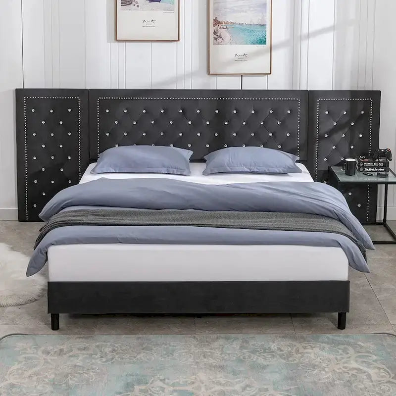 Cadre de lit plateforme haut capitonné en velours avec tête de lit, mobilier de chambre