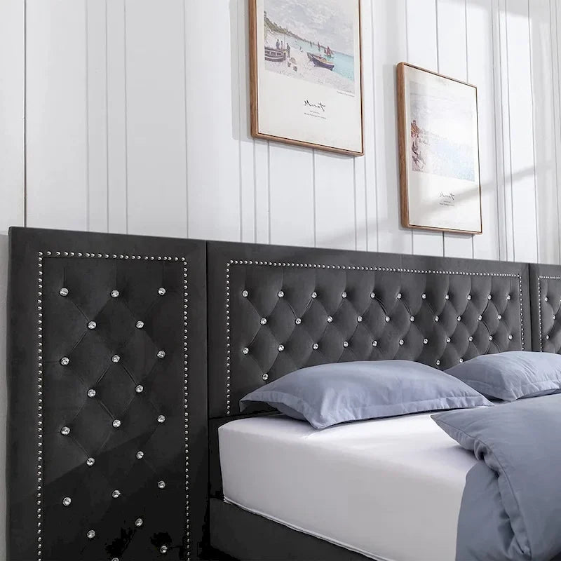 Cadre de lit plateforme haut capitonné en velours avec tête de lit, mobilier de chambre