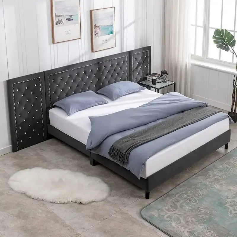 Cadre de lit plateforme haut capitonné en velours avec tête de lit, mobilier de chambre