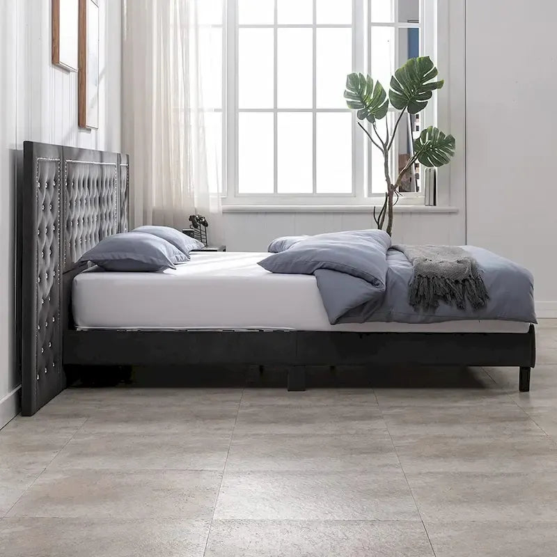 Cadre de lit plateforme haut capitonné en velours avec tête de lit, mobilier de chambre