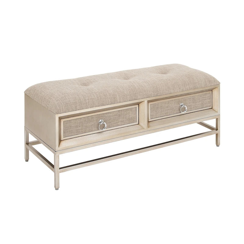 Banc de rangement à 2 tiroirs tapissé en tissu lin avec assise capitonnée et poignées anneaux