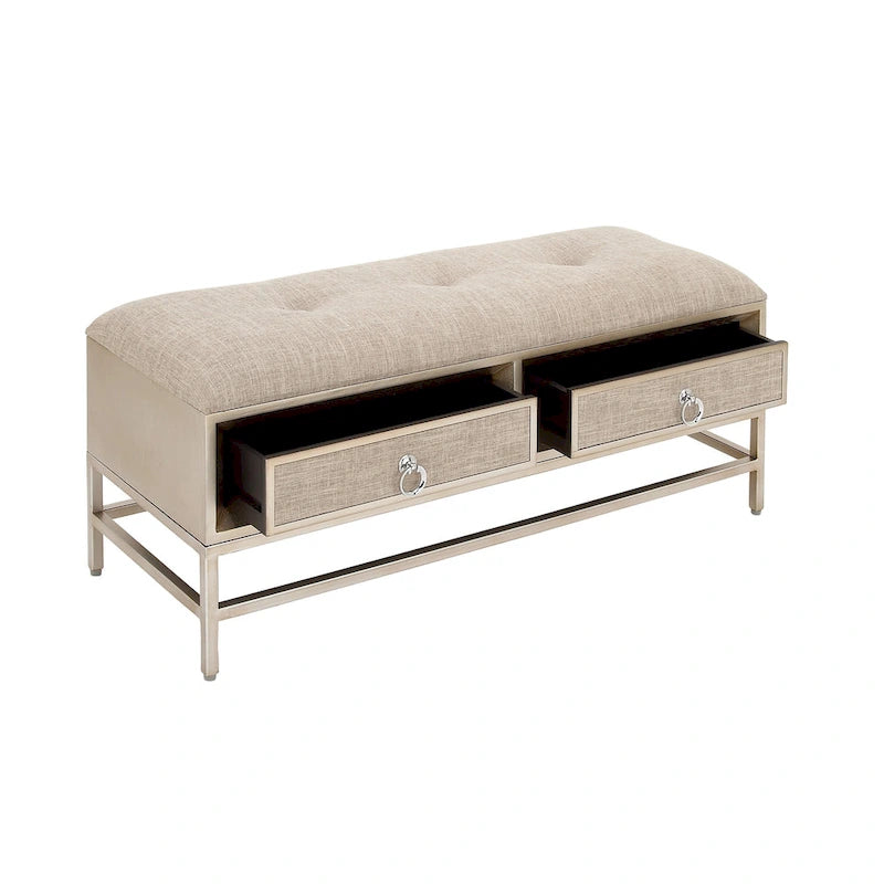 Banc de rangement à 2 tiroirs tapissé en tissu lin avec assise capitonnée et poignées anneaux