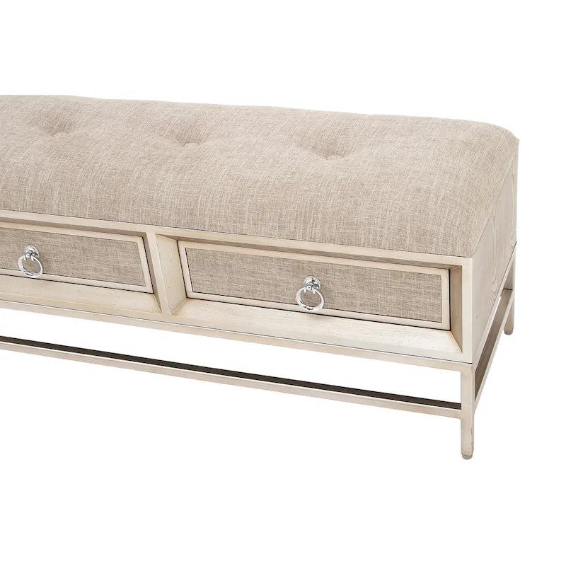 Banc de rangement à 2 tiroirs tapissé en tissu lin avec assise capitonnée et poignées anneaux