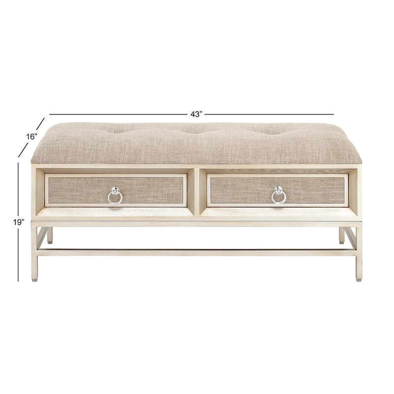 Banc de rangement à 2 tiroirs tapissé en tissu lin avec assise capitonnée et poignées anneaux