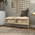 Banc de rangement à 2 tiroirs tapissé en tissu lin avec assise capitonnée et poignées anneaux
