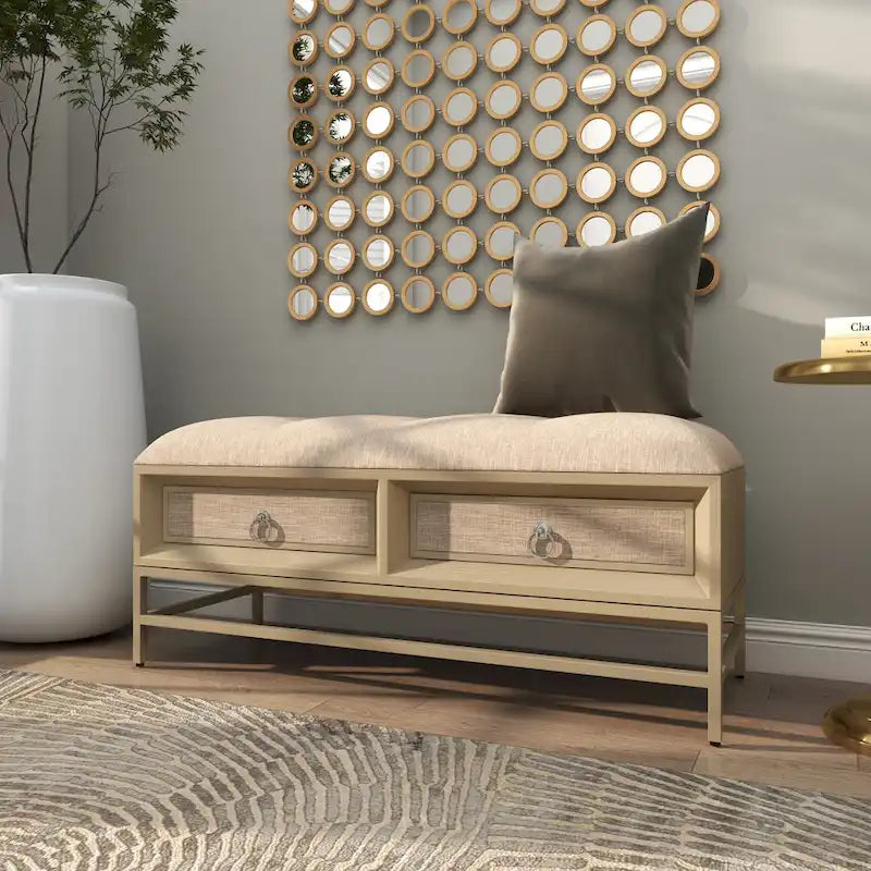 Banc de rangement à 2 tiroirs tapissé en tissu lin avec assise capitonnée et poignées anneaux