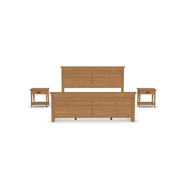Lit King-size en bois brun et deux tables de chevet