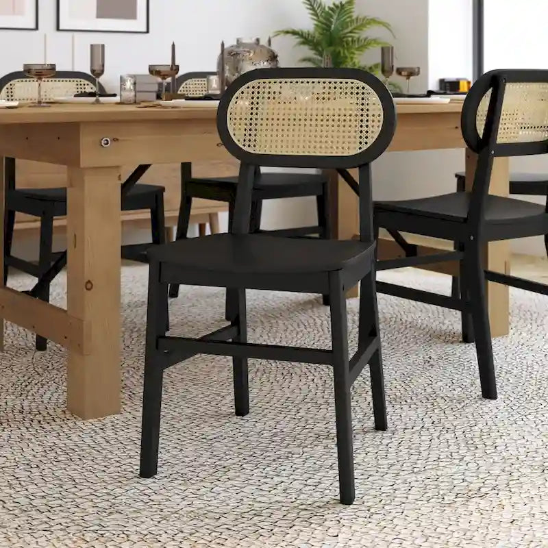 Chaises en rotin tressé à dossier et assise en bois avec structure en bois