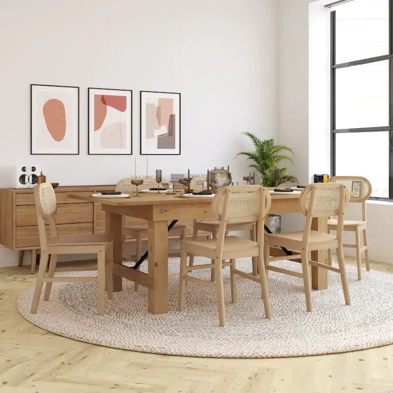 Chaises en rotin tressé à dossier et assise en bois avec structure en bois
